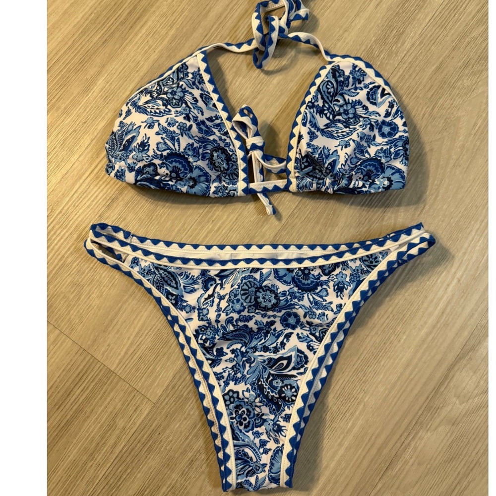 Blue Floral Paisley Triangle Halter Bikini Set Ric Rac Trim Cheeky Bottoms L